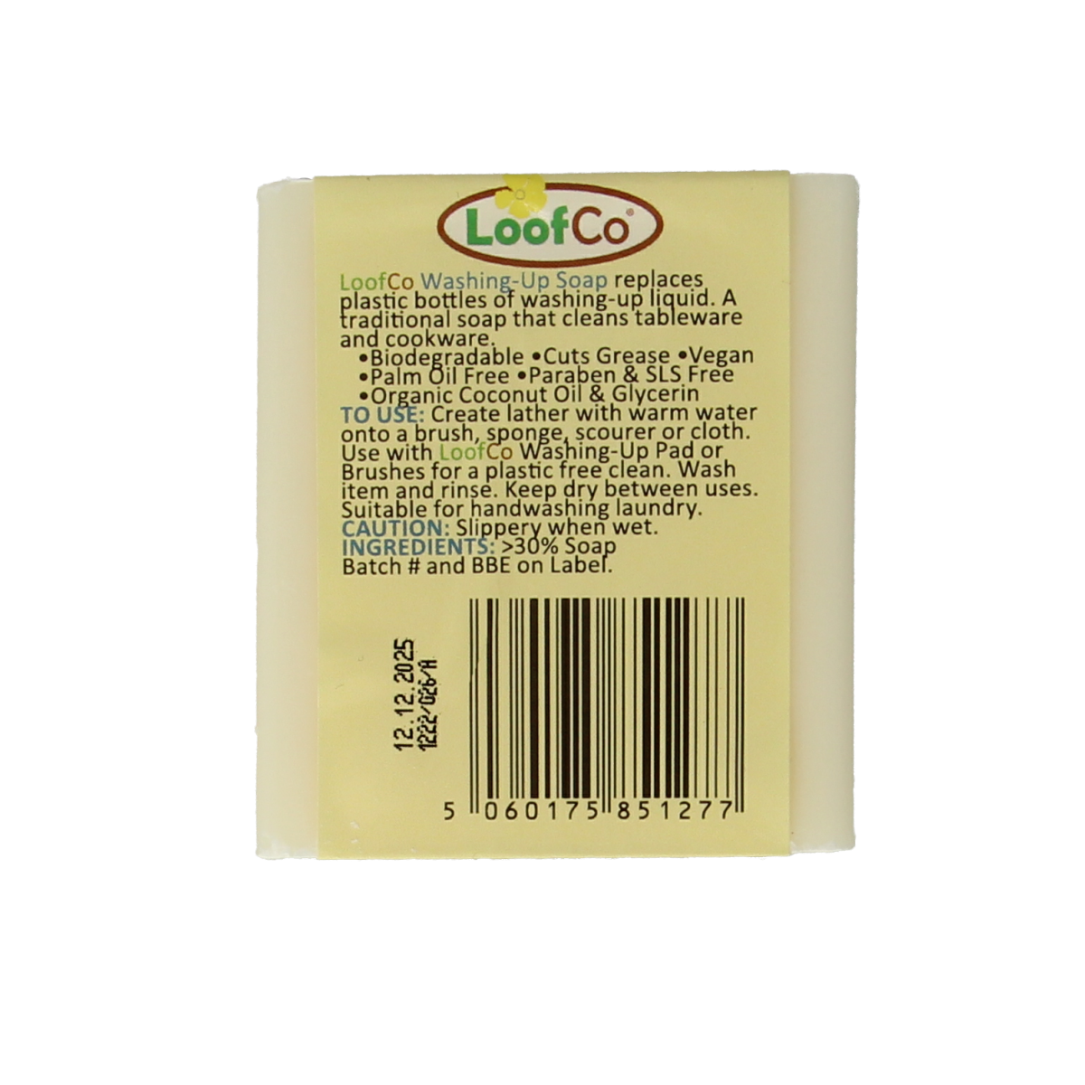 Loofco palm oil-free, fragrance-free eco dish soap in a 1-liter bottle, natural and environmentally friendly dishwashing liquid.