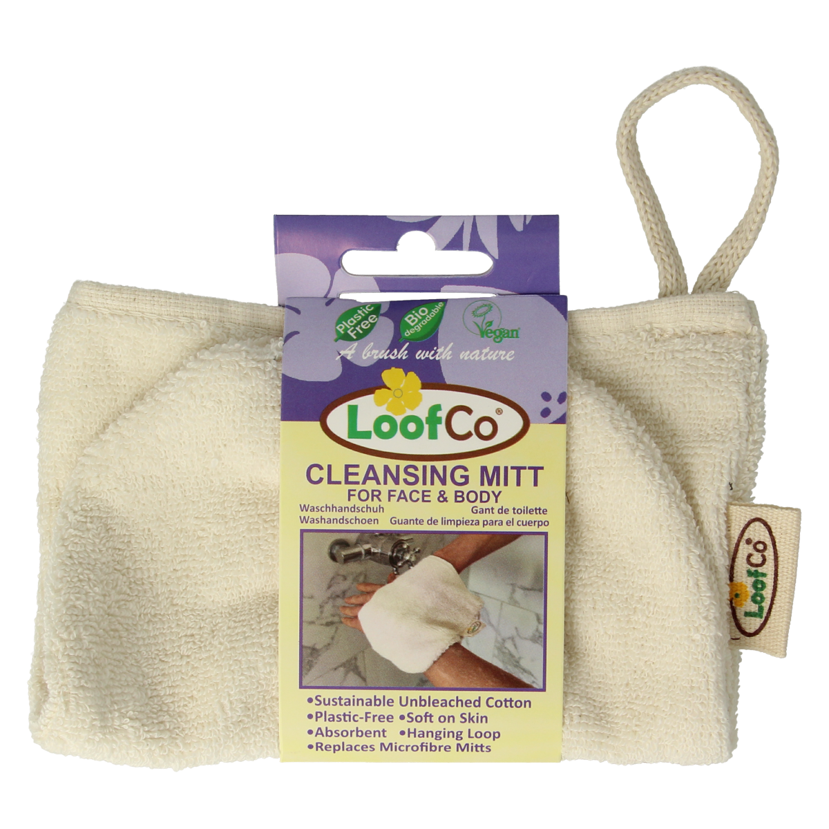 Loofco bio unbleached cotton washcloth, perfect for bath and shower, shown in natural color, 1 piece.
