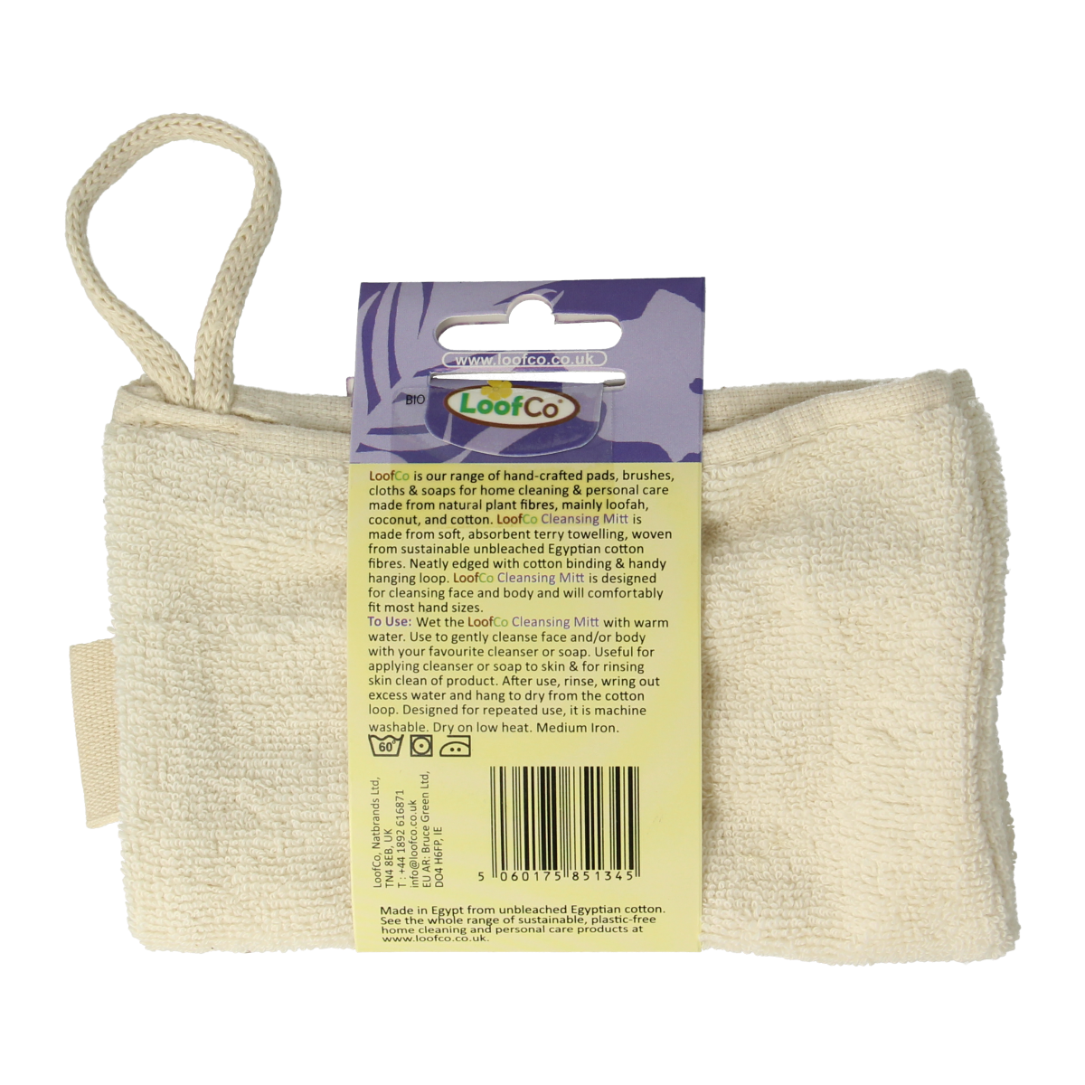 Loofco bio unbleached cotton washcloth for bath and shower, showing natural texture and soft fabric, 1 piece.