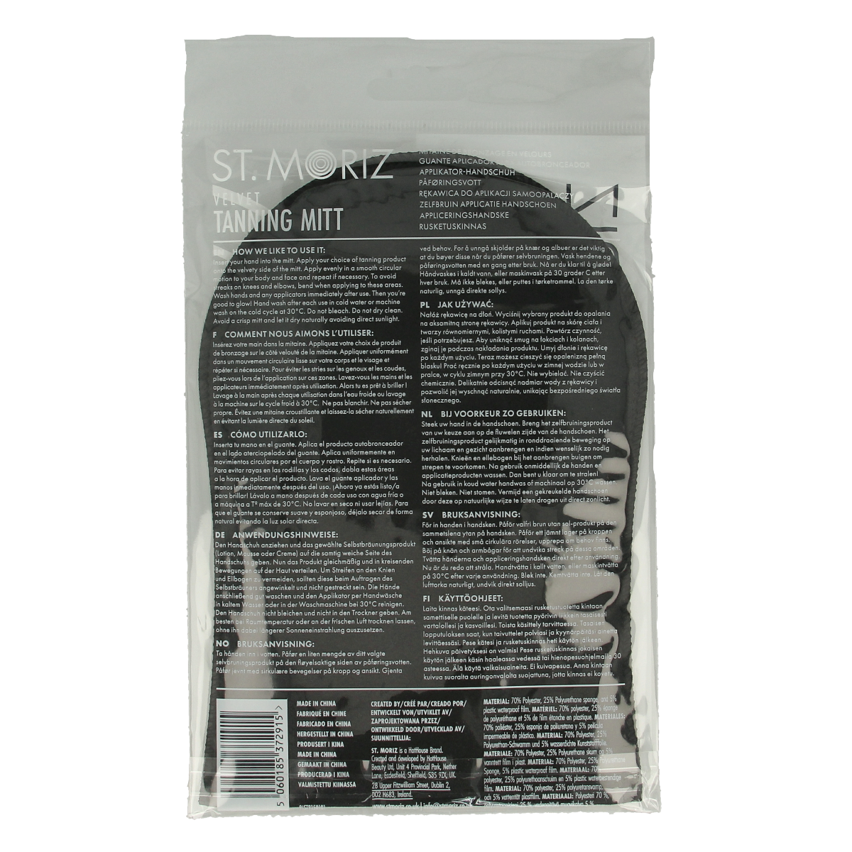 St. Moriz self-tanning glove for sunless tanning, black with elastic wrist band, designed for even application of self-tanning products.