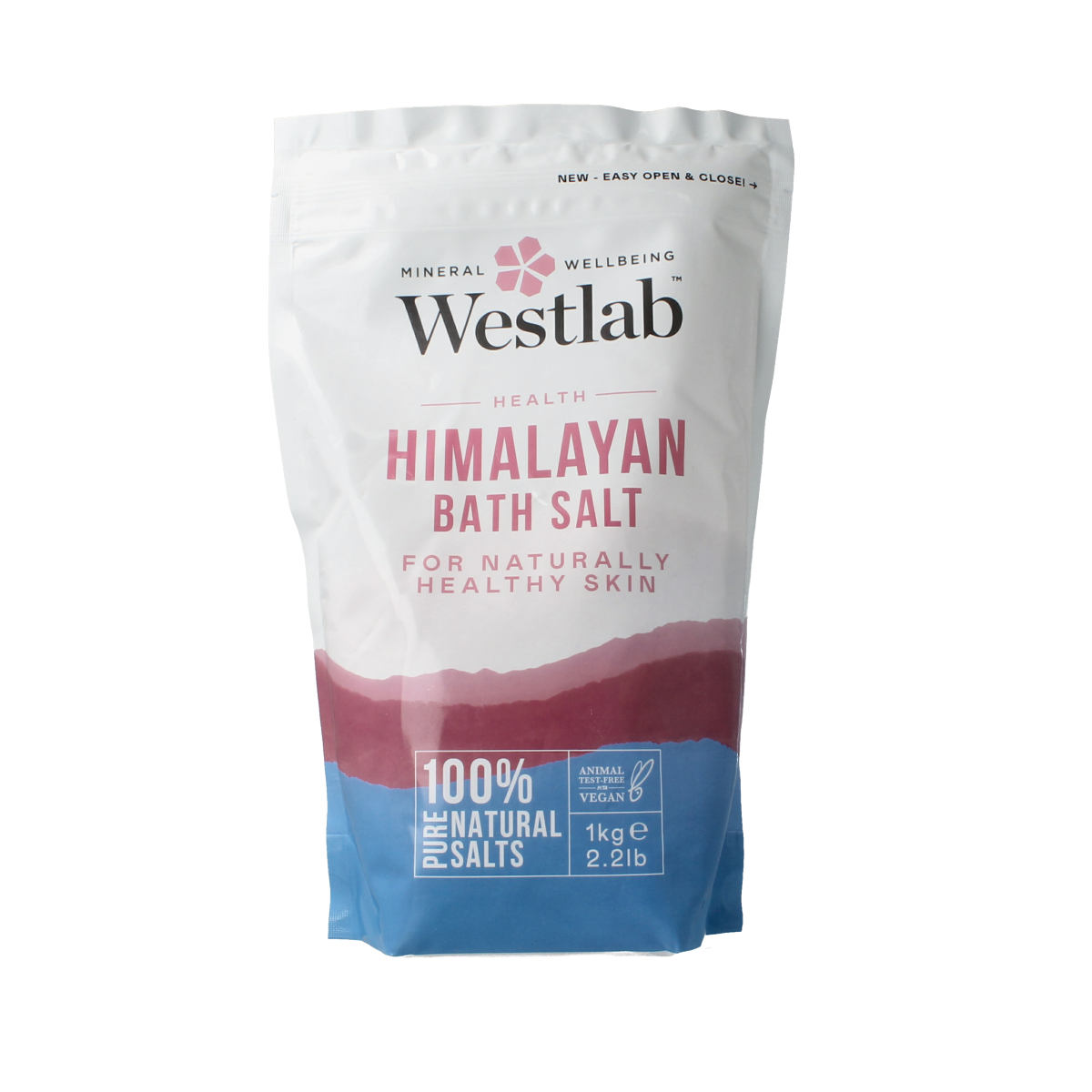 Westlab Himalaya bath and shower salt in a 1kg package, showing the textured salt crystals for relaxing bath and shower use.