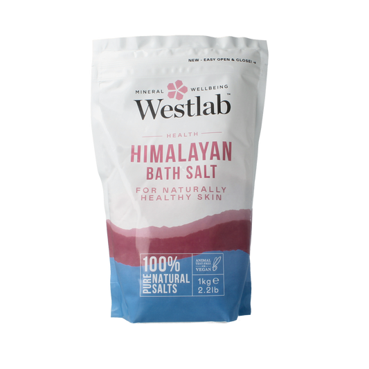 Westlab Himalaya bath and shower salt in a 1kg package, showing the textured salt crystals for relaxing bath and shower use.