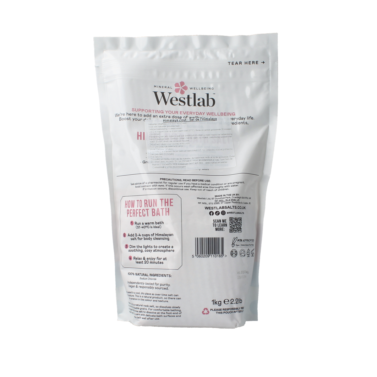 Westlab Himalaya Bath and Shower Salt 1kg in a clear container, showcasing natural mineral-rich Himalayan bath salt for relaxing baths.