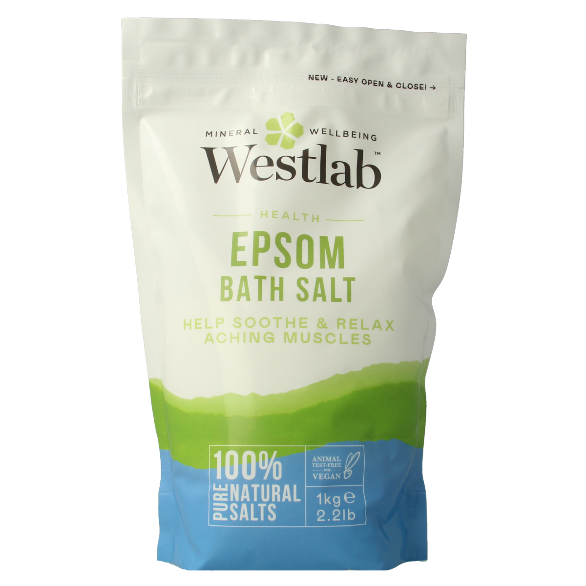 Westlab Epsom salts for bath and shower, 1 kg, natural healing mineral for relaxing baths and skin care.