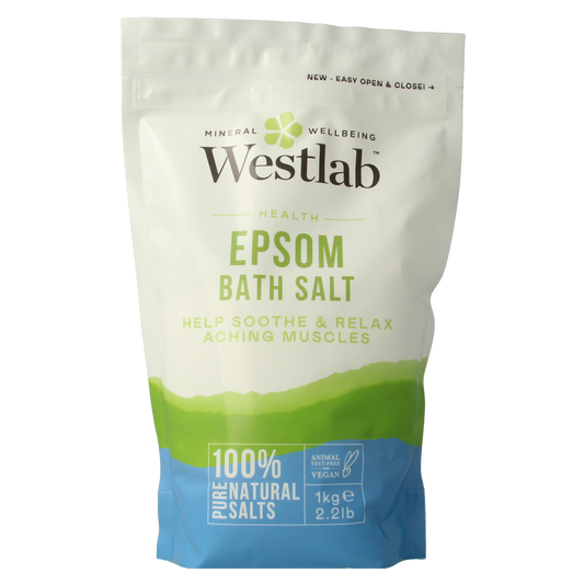 Westlab Epsom salts for bath and shower, 1 kg, natural healing mineral for relaxing baths and skin care.