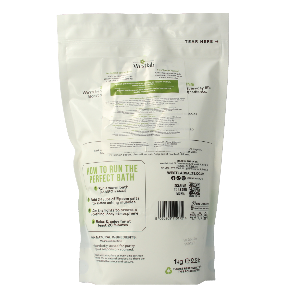 Westlab Badzout Epsom herstellend 1kg for bath and shower, showing white Epsom salt in a clear container.