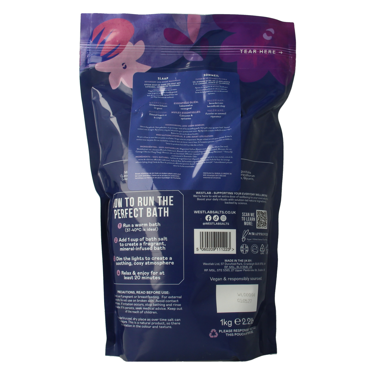 Westlab Badzout sleep bath and shower salt in 1kg container, natural mineral bath salt for relaxation and soothing skin.