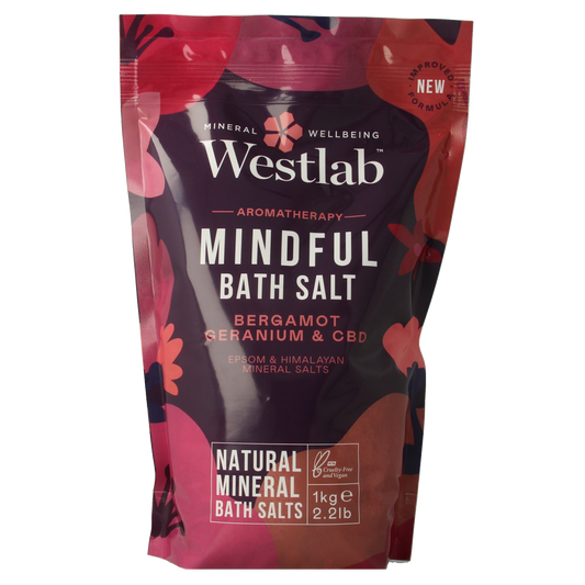 Westlab Badzout Mindfull bath and shower salt in a 1kg package, ideal for relaxing baths and shower routines.