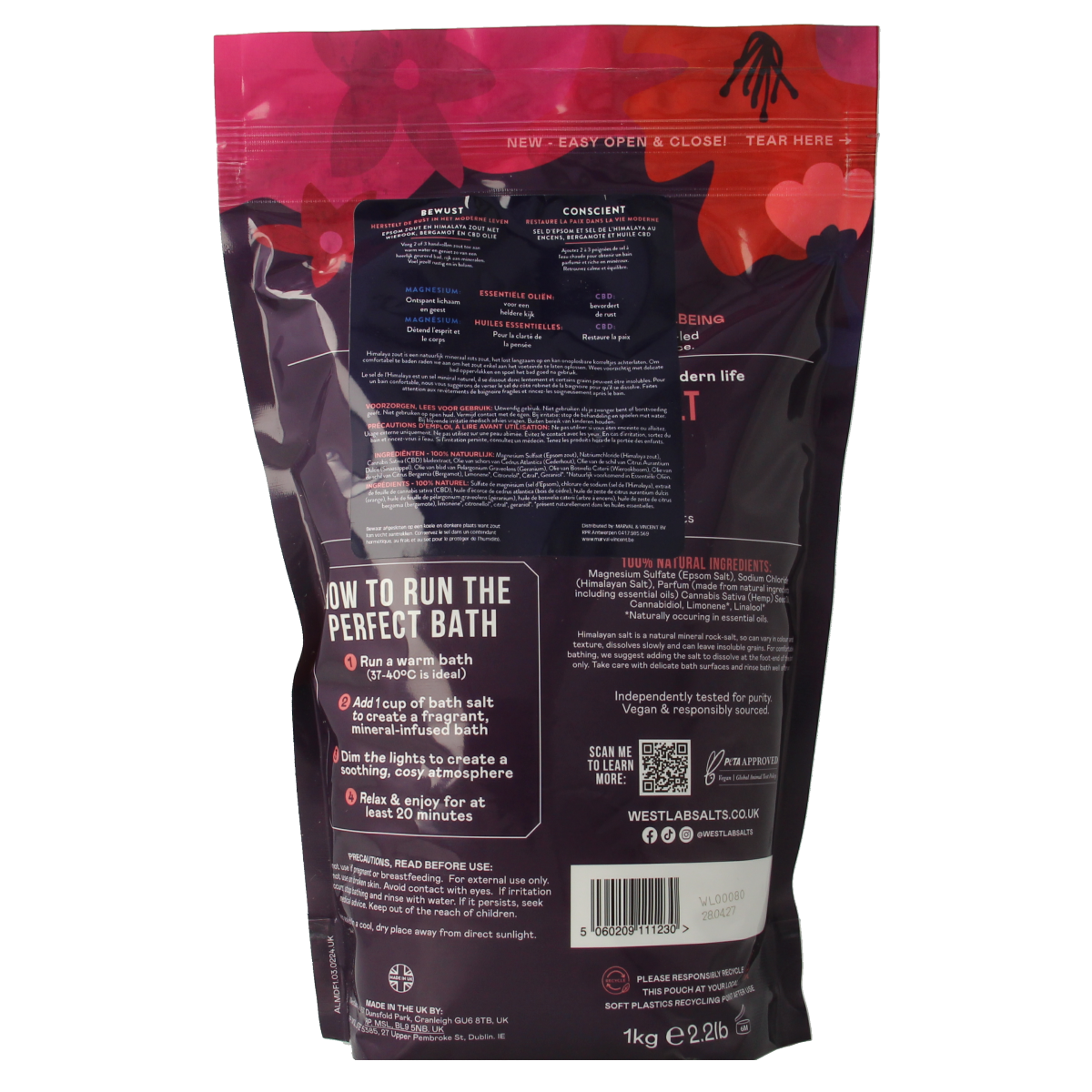 Westlab Badzout mindful bath and shower salt in a 1kg bag, natural mineral bath product for relaxation and skincare.