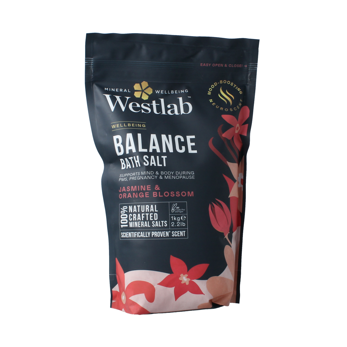 Westlab Badzout Wellbeing Balance bath and shower salt in a 1000g container, natural mineral bath product for relaxation.