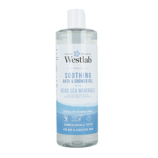 Westlab mineral bath and shower gel in 500ml bottle, featuring dode zee mineralen for cleansing and relaxation.