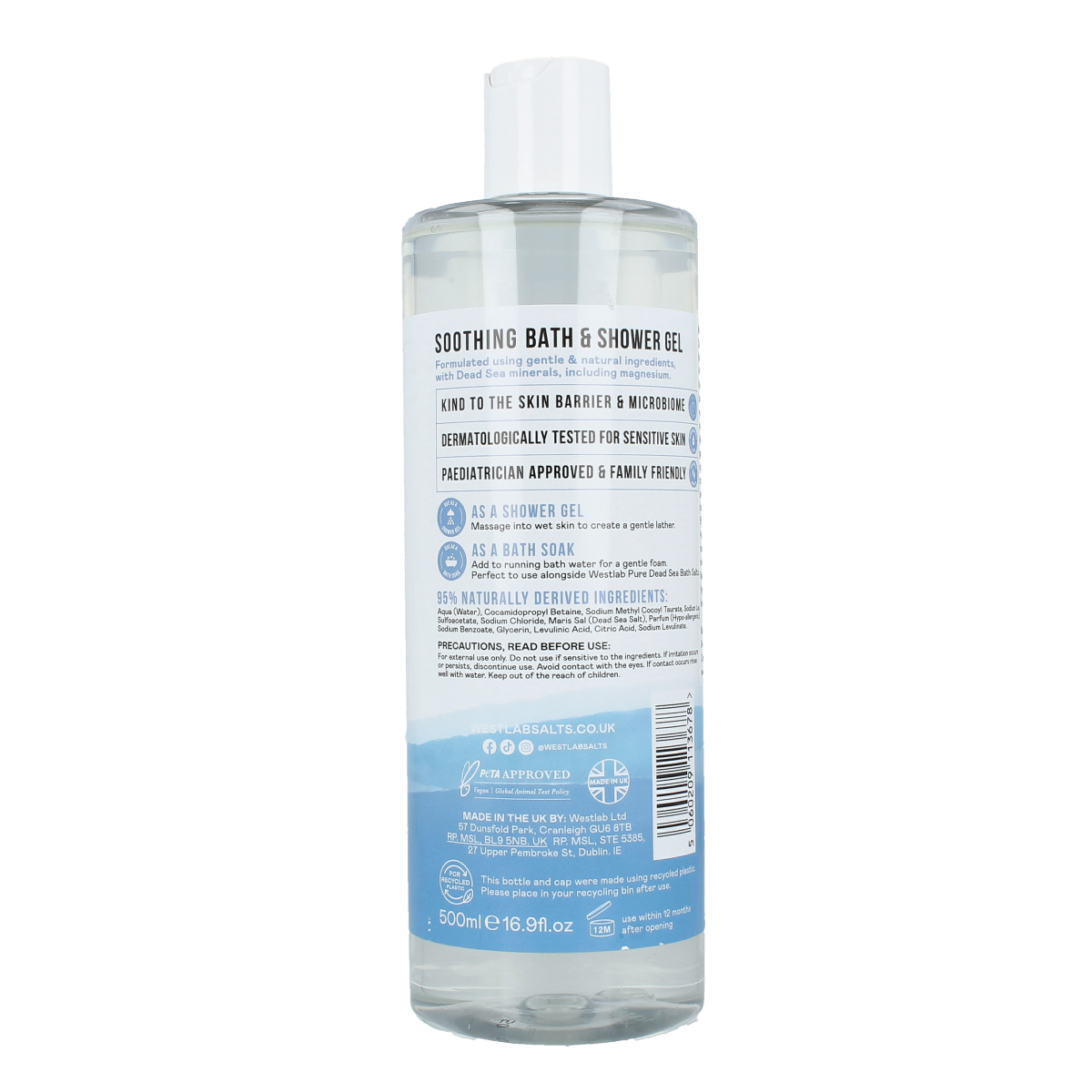Westlab mineral bath and shower gel in 500ml bottle, featuring a clear container with blue liquid and minimalist label design.