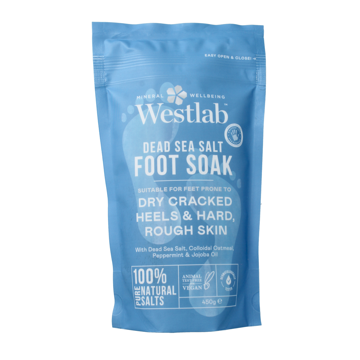 Westlab foot soak with Dode Zeezout, 450g, in a clear container, ideal for foot care and relaxation.