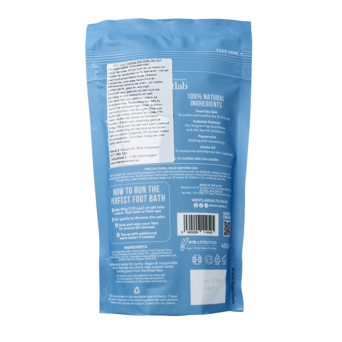 Westlab foot soak with Dode Zeezout in a 450g container, used for foot care and relaxation.