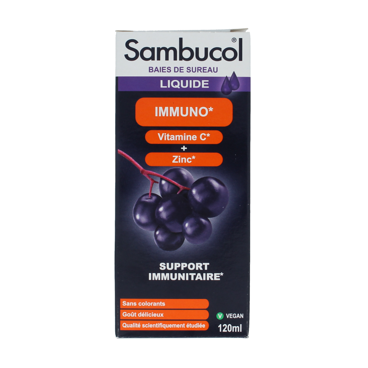 Sambucol Immuno herbal supplement in 120ml bottle, featuring black elderberry extract for immune support.