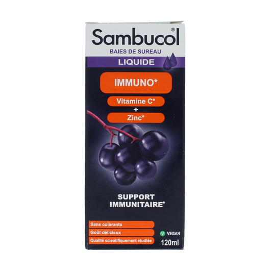 Sambucol Immuno herbal supplement in 120ml bottle, featuring black elderberry extract for immune support.
