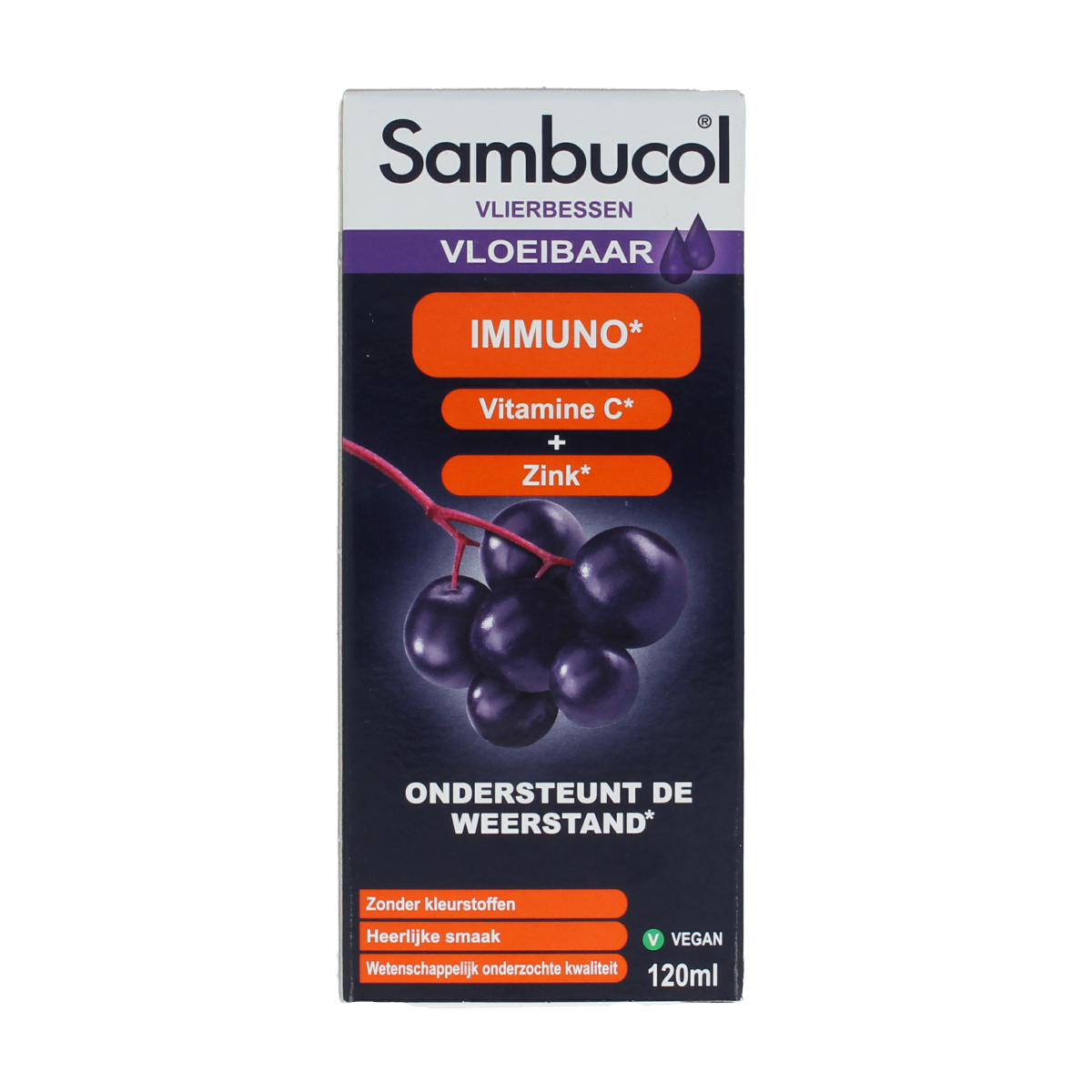 Bottle of Sambucol Immuno herbal preparation with black elderberry extract in 120ml size, designed to support immune health.