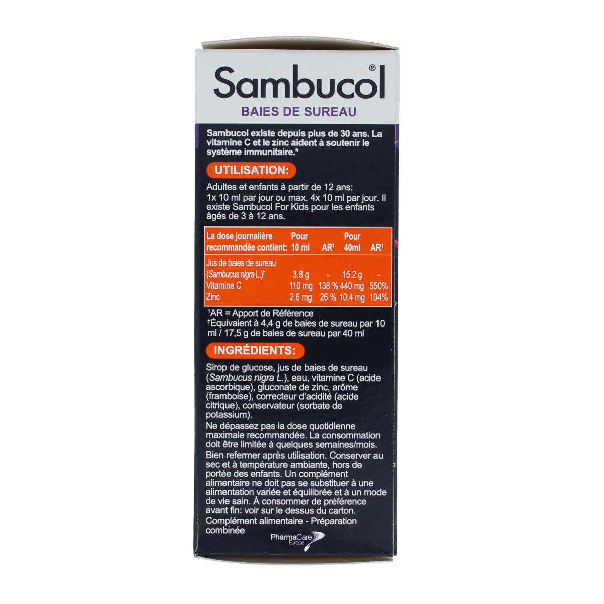 Bottle of Sambucol Immuno herbal supplement in 120ml container with label showing brand and product details.