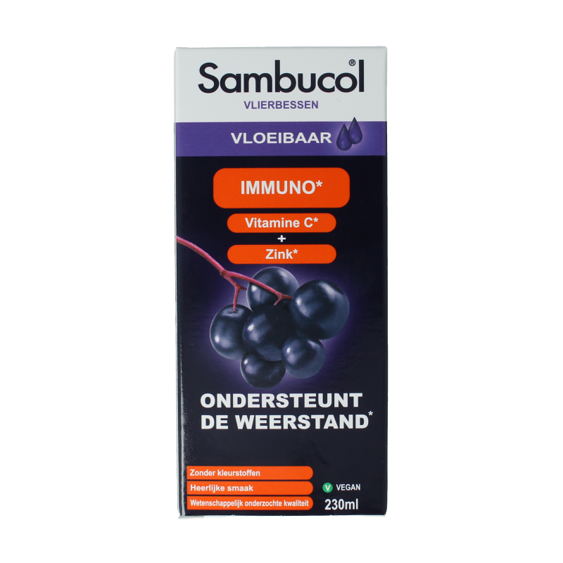 Bottle of Sambucol Immuno herbal supplement in 230ml container, featuring black elderberry extract and natural ingredients.