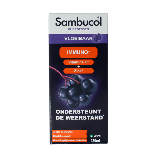 Bottle of Sambucol Immuno herbal supplement in 230ml container, featuring black elderberry extract and natural ingredients.