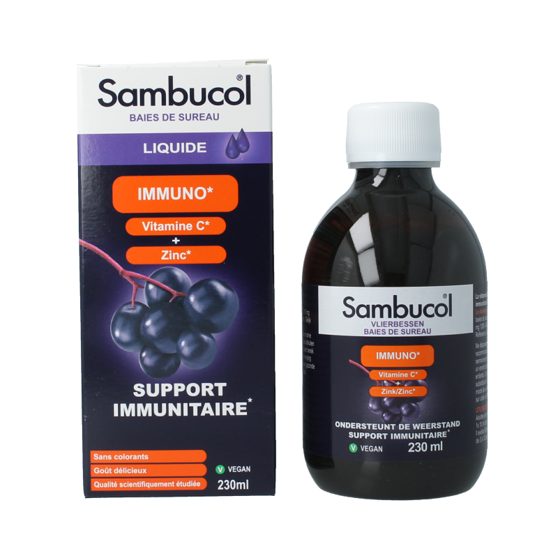 Bottle of Sambucol Immuno herbal supplement in 230ml container, showing the Sambucol brand label and herbal packaging.