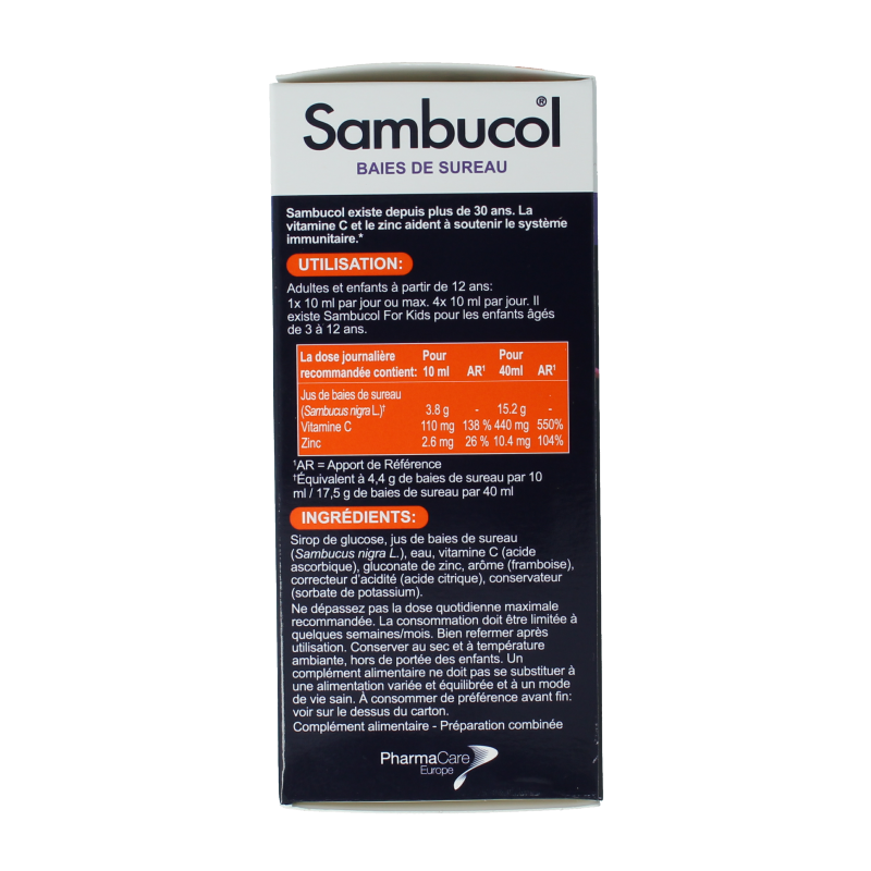 Sambucol Immuno herbal supplement bottle with 230ml liquid, featuring black elderberry extract and immune support ingredients.