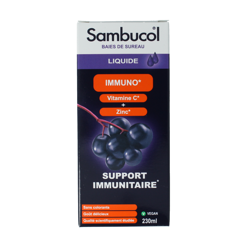 Sambucol Immuno herbal supplement bottle, 230ml, featuring black elderberry extract for immune support.
