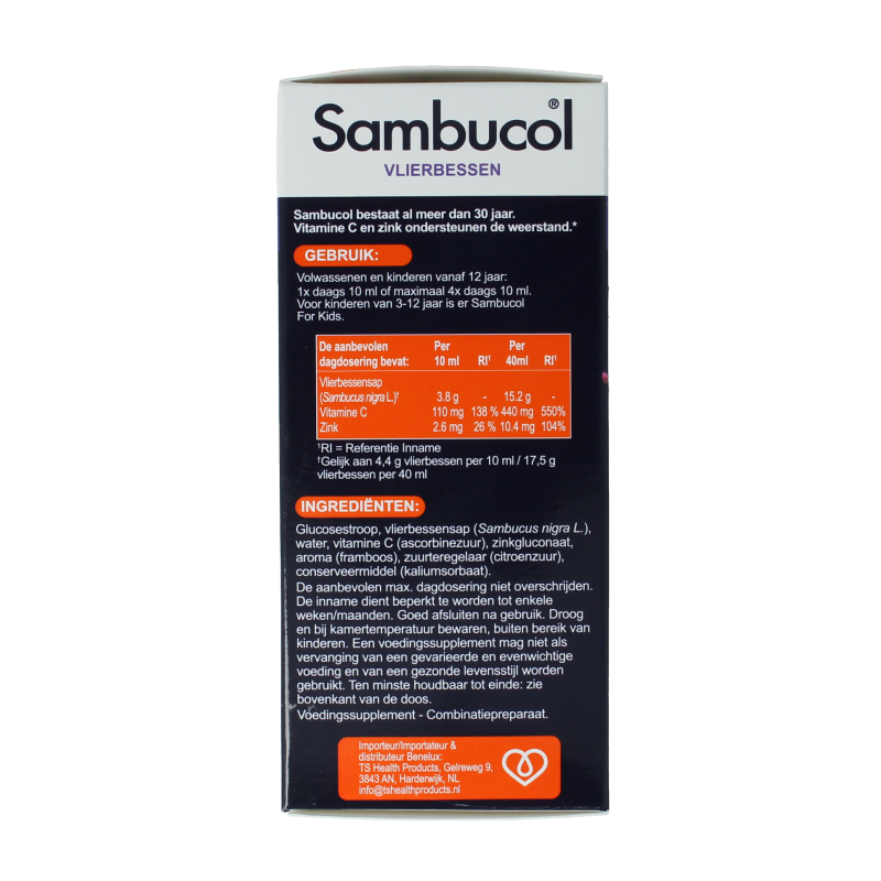 Sambucol Immuno Kruidenpreparaat in 230ml bottle, featuring black elderberry extract for immune support.