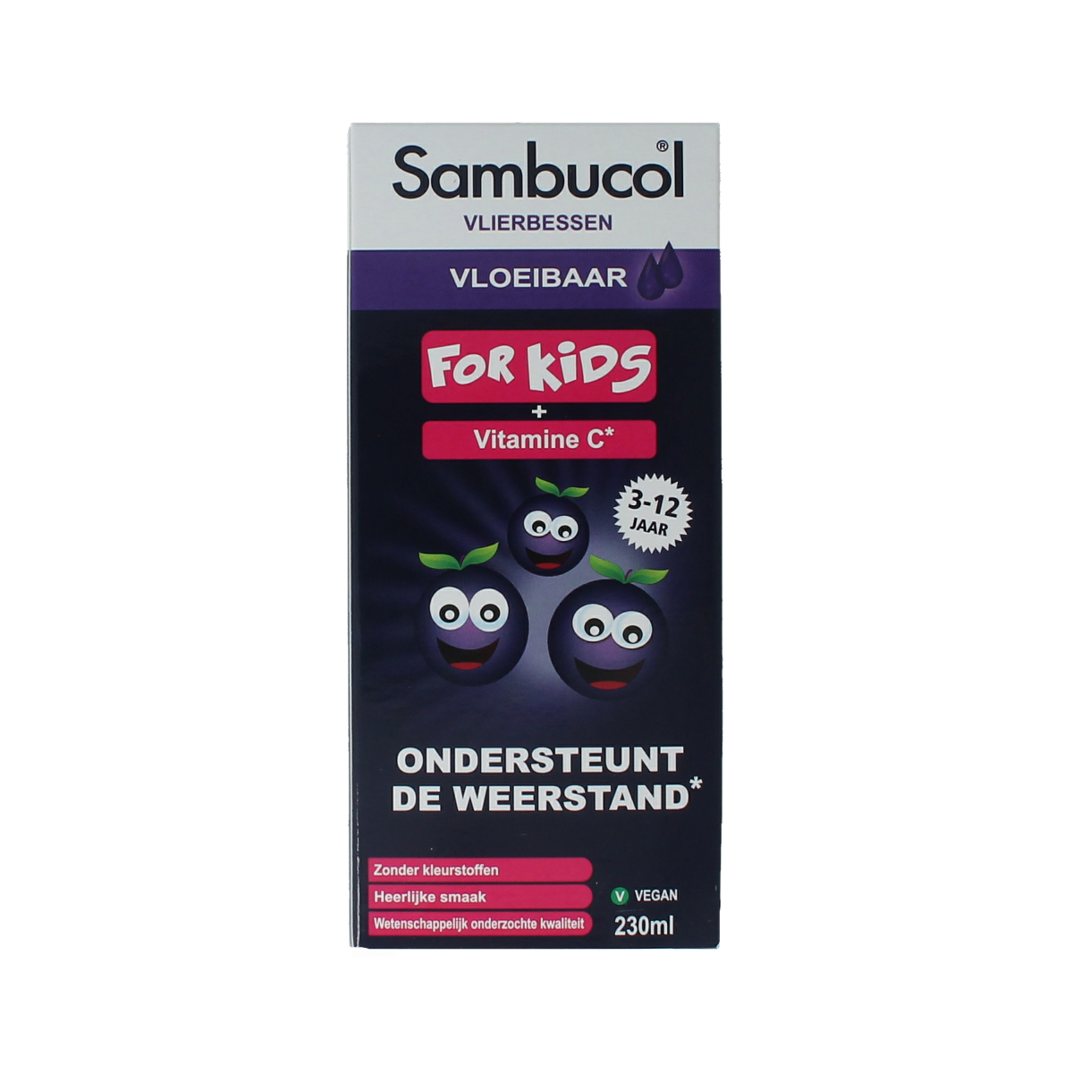 Sambucol Kids herbal supplement bottle with 230ml capacity, featuring a colorful label and child-friendly design.