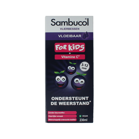 Sambucol Kids herbal supplement bottle with 230ml capacity, featuring a colorful label and child-friendly design.