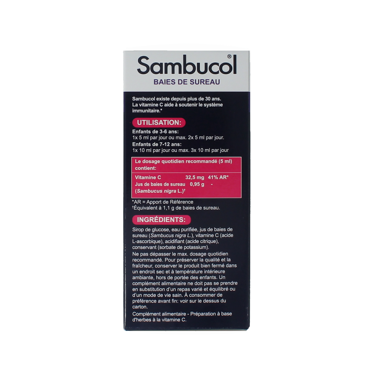 Sambucol Kids herbal supplement in 230ml bottle, featuring black elderberry extract for immune support.