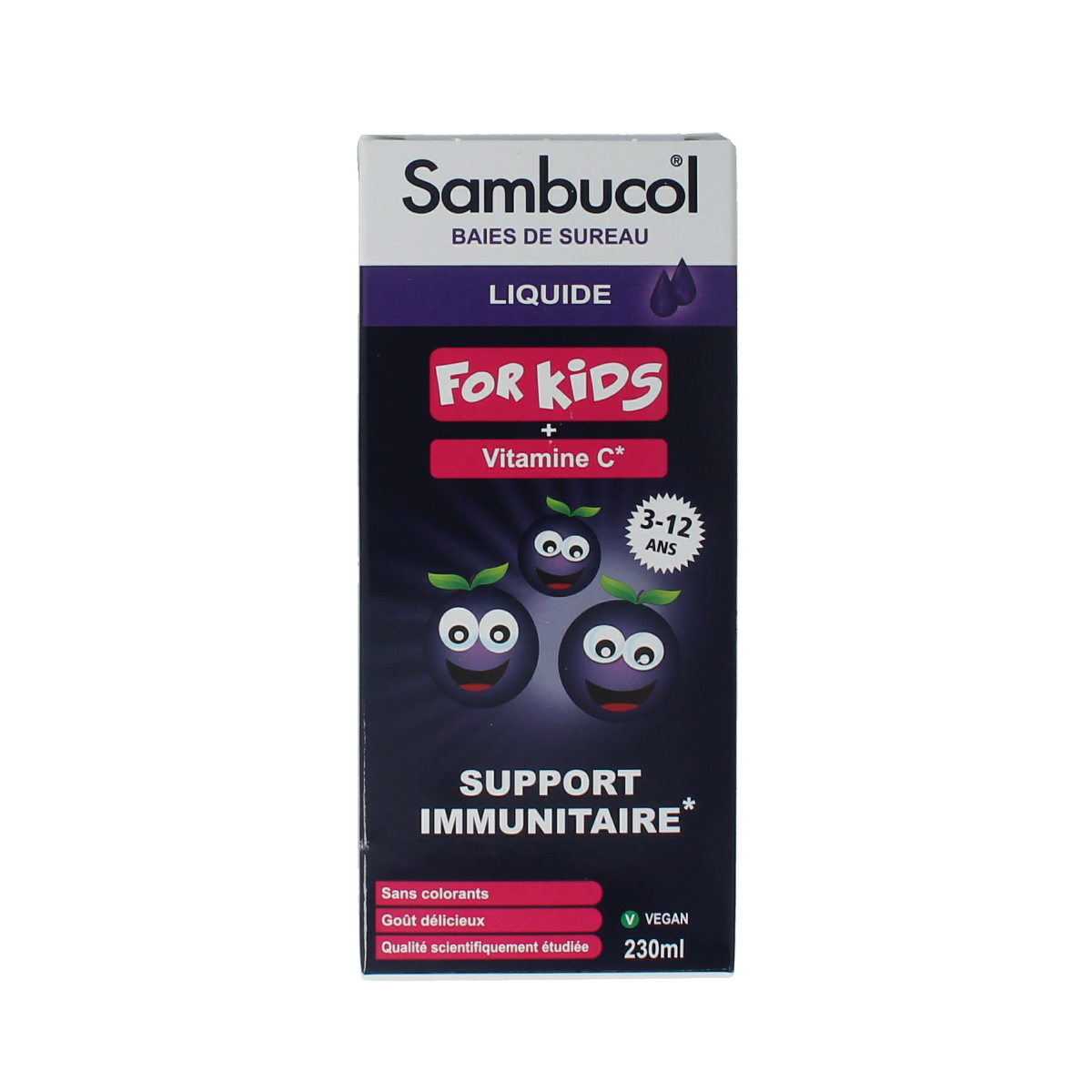 Sambucol Kids herbal supplement bottle with 230ml capacity, featuring colorful labeling and playful design for children.