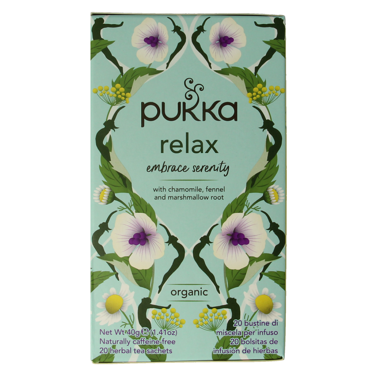 Pukka Relax thee bio box with 20 tea bags, featuring herbal tea packaging with calming imagery and brand logo.