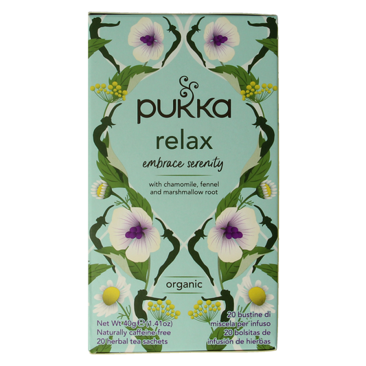 Pukka Relax thee bio box with 20 tea bags, featuring herbal tea packaging with calming imagery and brand logo.
