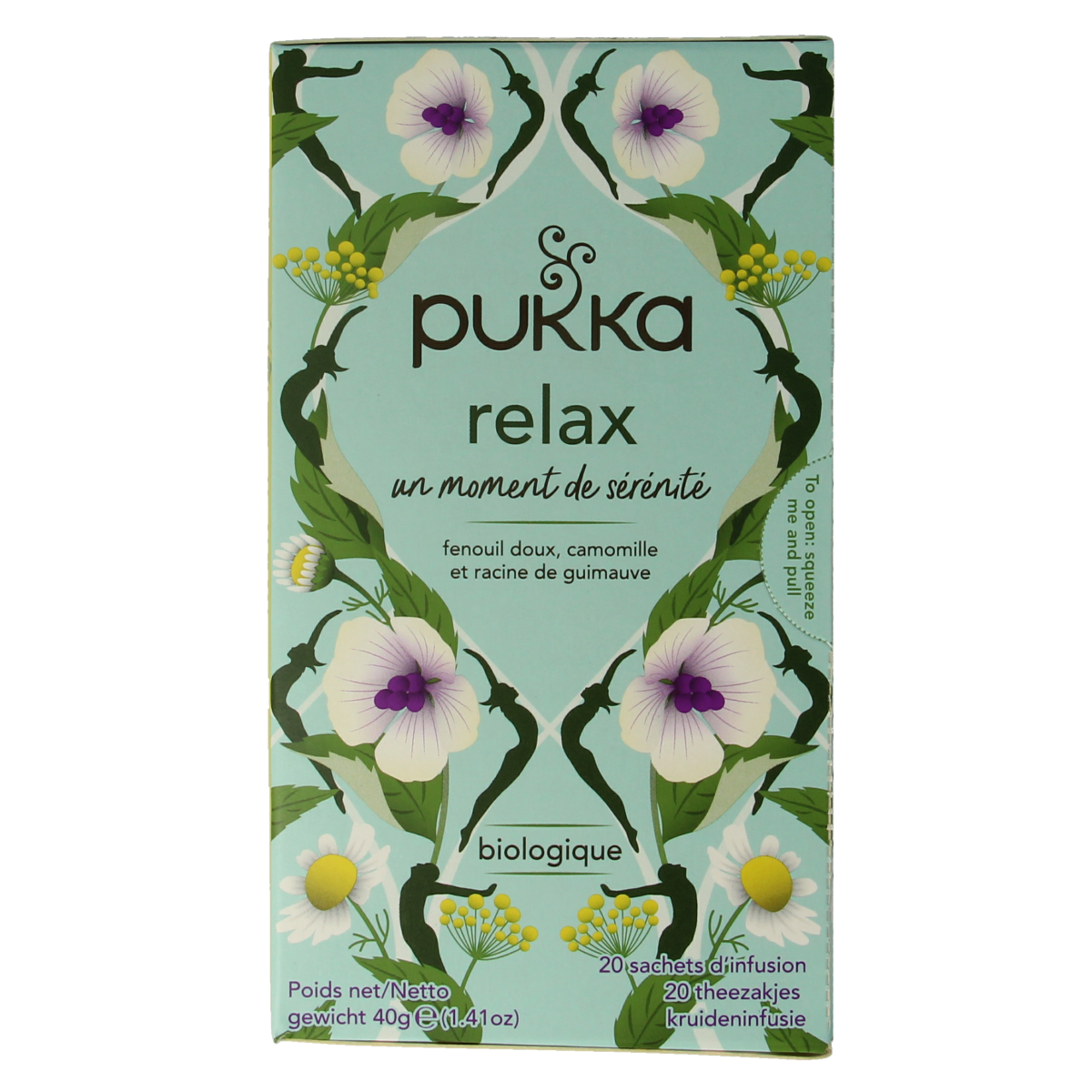 Pukka Relax thee bio with 20 tea bags, featuring herbal blend in a box, for calming and relaxation.