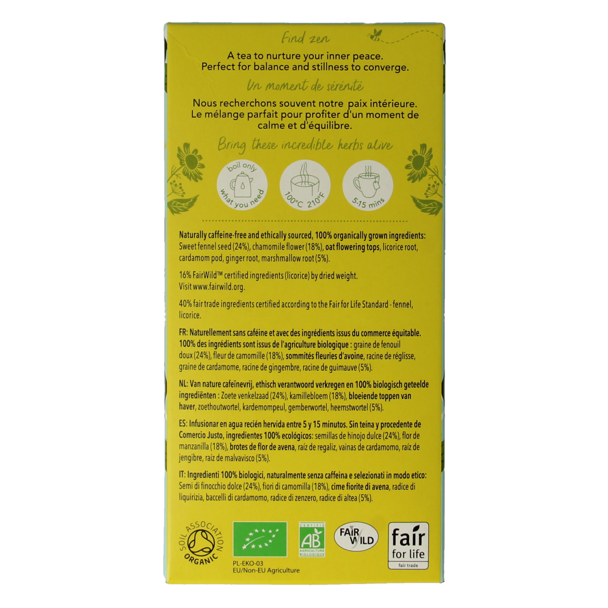 Pukka Relax bio tea box with 20 tea bags, featuring a calming herbal blend and natural packaging.
