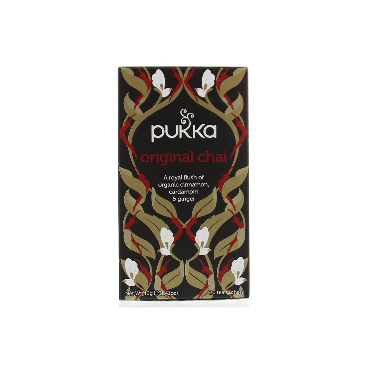 Pukka Original Chai bio tea bags, 20-count, featuring aromatic spice blend in a box, natural and organic tea product.