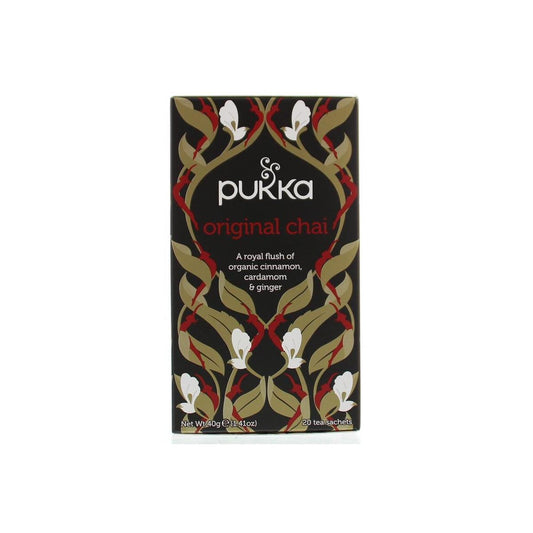 Pukka Original Chai bio tea bags, 20-count, featuring aromatic spice blend in a box, natural and organic tea product.