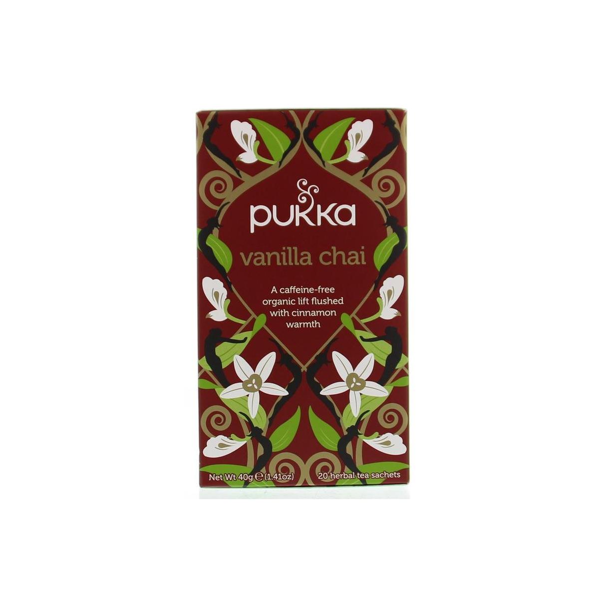 Organic Pukka Vanille Chai Tea box with 20 tea bags, featuring warm vanilla and spicy chai flavors in natural packaging.