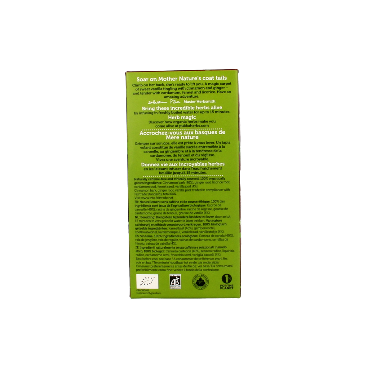 Pukka Vanille Chai Tea bio box with 20 tea bags, featuring warm vanilla and spicy chai flavors in a natural, organic packaging.