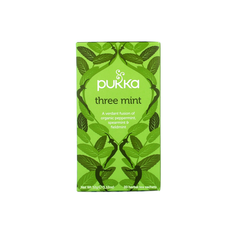 Pukka Three Mint Bio tea bags box, organic herbal tea product with fresh mint leaves, for soothing and refreshing tea experience.