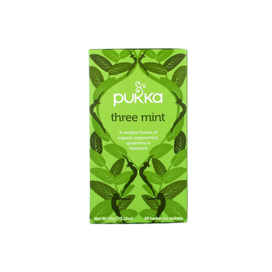 Pukka Three Mint Bio tea bags box, organic herbal tea product with fresh mint leaves, for soothing and refreshing tea experience.