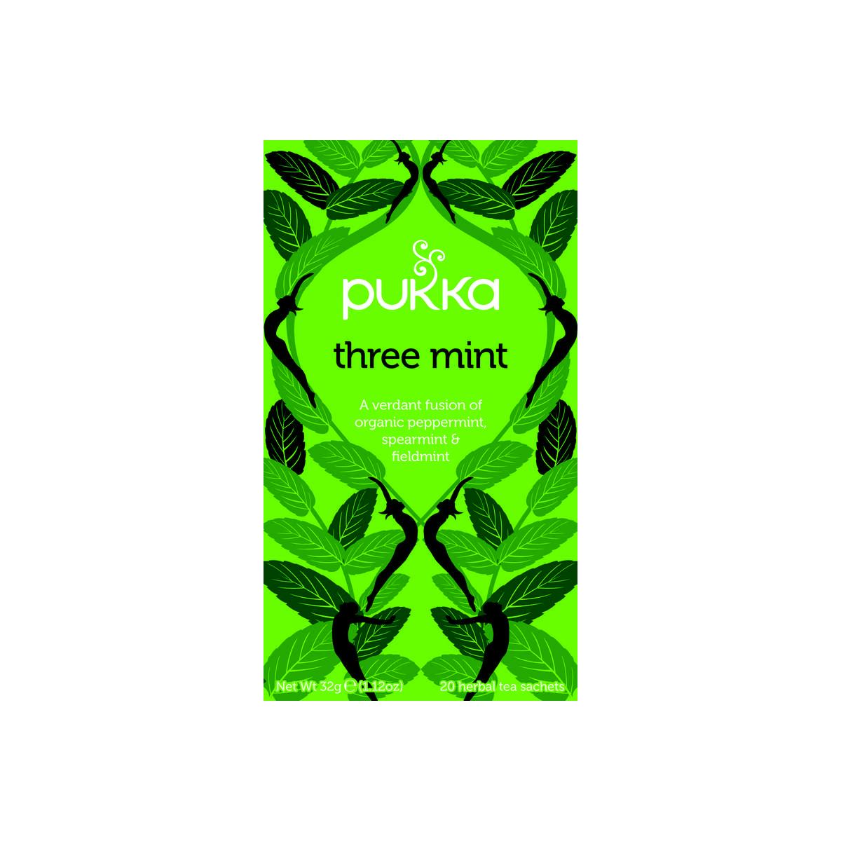 Pukka Three Mint Bio tea in a box with 20 tea bags, featuring fresh mint leaves on the packaging.