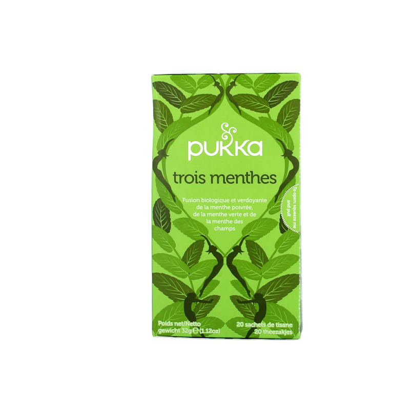 Pukka Three Mint bio tea bags in a box, featuring fresh mint leaves and herbal blend for soothing tea experience.