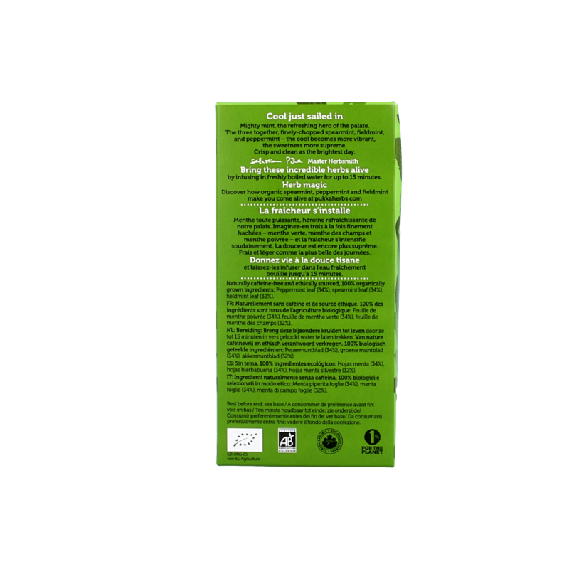 Pukka Three Mint Bio tea bags box showing 20 herbal tea sachets with fresh mint leaves for soothing herbal infusion.