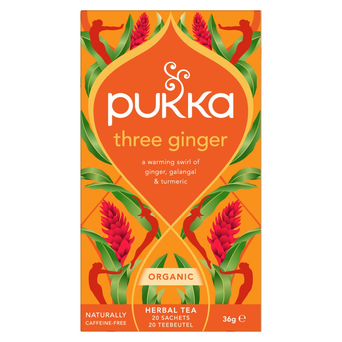 Pukka Three Ginger Bio tea bags box, organic herbal tea with ginger flavor, featuring vibrant packaging and tea bags inside.