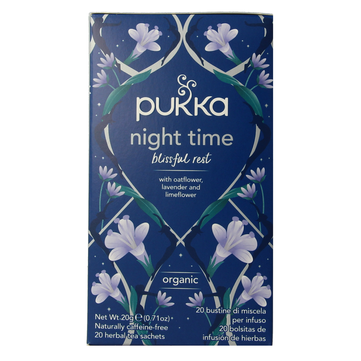 Pukka Nighttime herbal tea in a box with 20 tea bags, featuring calming chamomile and lavender ingredients.