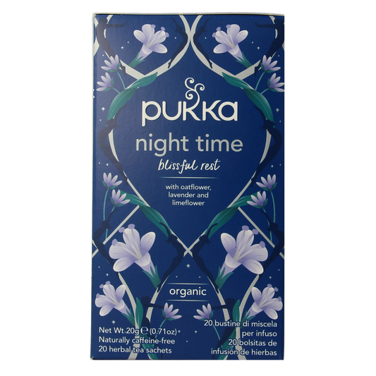 Pukka Nighttime herbal tea in a box with 20 tea bags, featuring calming chamomile and lavender ingredients.