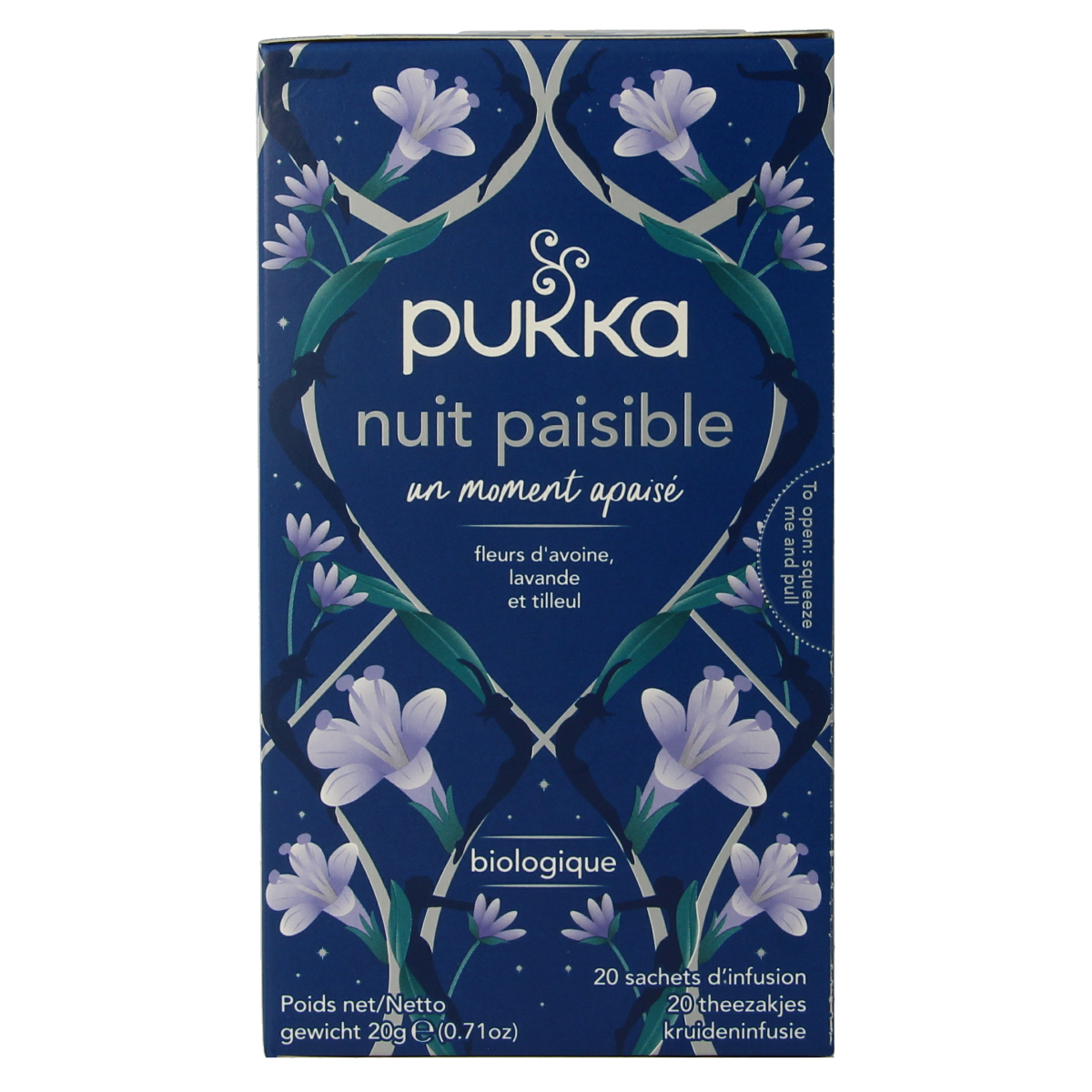 Pukka Night Time Tea in a box with 20 organic tea bags, featuring herbal blend for relaxing evenings.