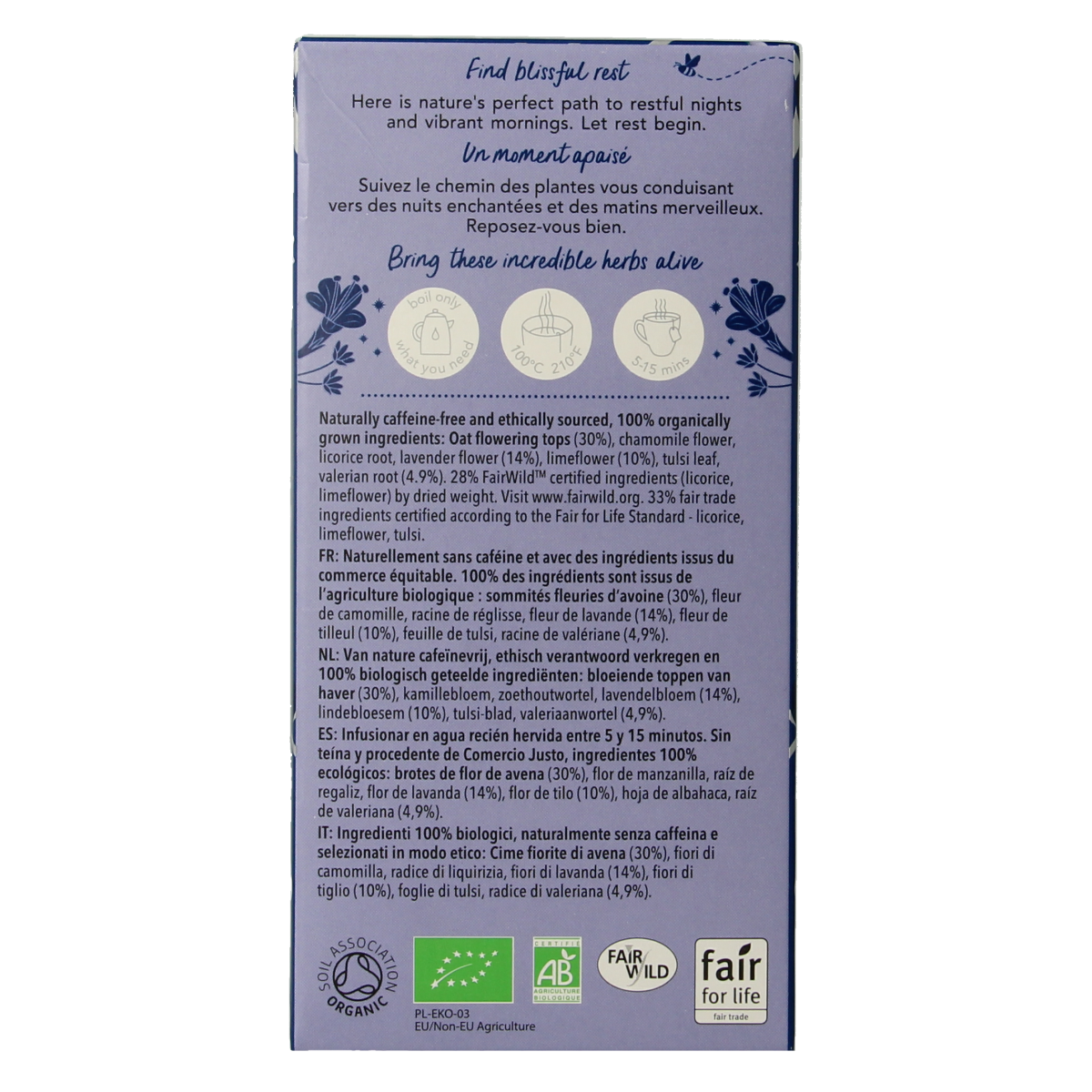 Pukka Night Time Tea bio, 20 tea bags, herbal relaxation tea in a box with tea bags inside.